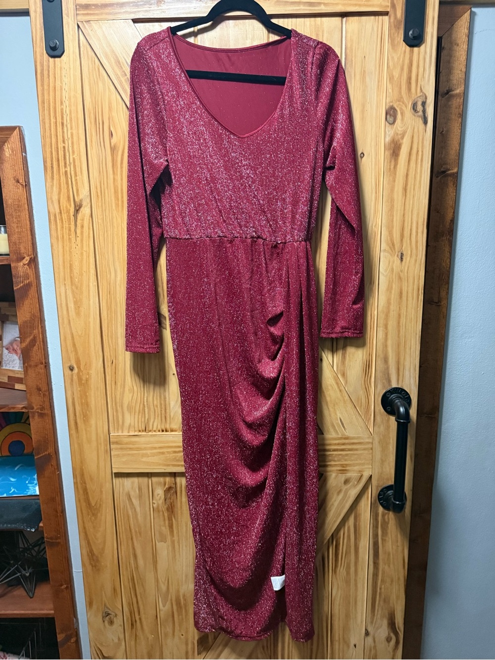 SHEIN Sparkling Burgundy Long Sleeve Draped Midi Dress